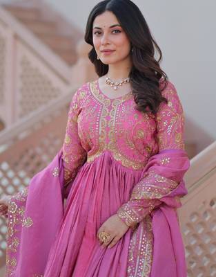 Pink festive wear designer gold-crush art silk sequins & multi embroidered work readymade suit 4
