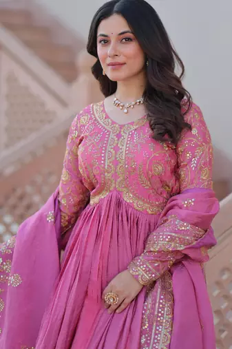 Pink festive wear designer gold-crush art silk sequins & multi embroidered work readymade suit