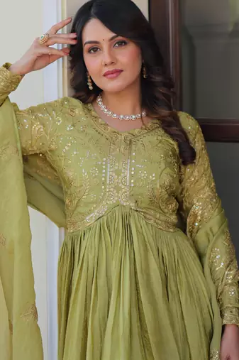 Pista festive wear designer gold-crush art silk sequins & multi embroidered work readymade suit