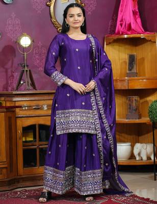 Purple festive wear designer chinon sequence embroidery work readymade suit 1