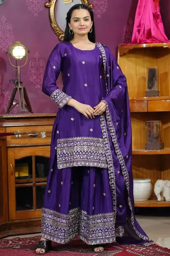 Purple festive wear designer chinon sequence embroidery work readymade suit