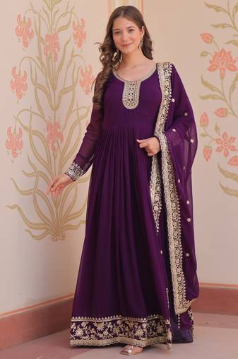 Purple festive wear designer faux blooming georgette zari & sequins embroidered work readymade suit