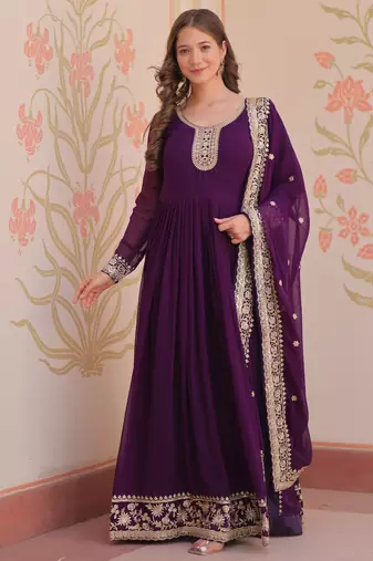 Purple festive wear designer faux blooming georgette zari & sequins embroidered work readymade suit