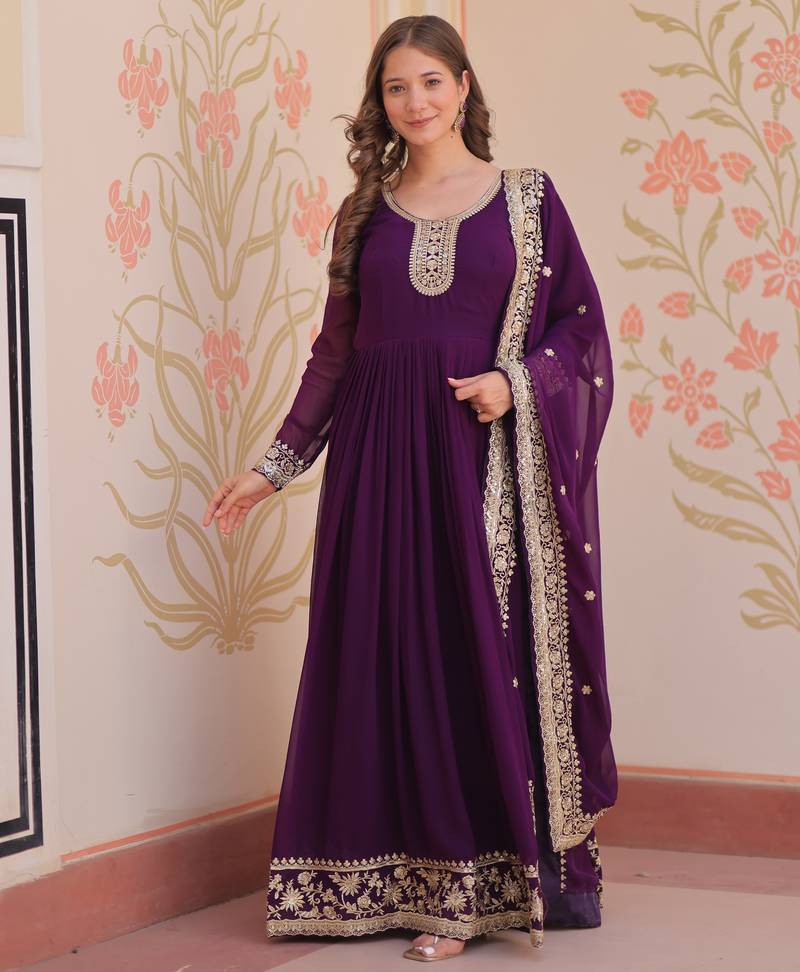 Purple festive wear designer faux blooming georgette zari & sequins embroidered work readymade suit