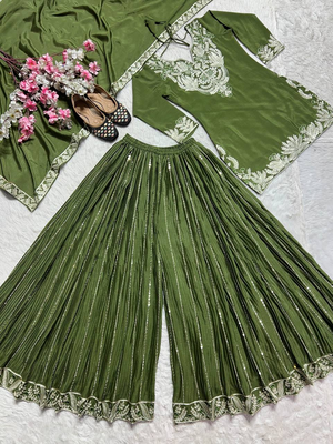 Mehendi green festive wear designer pure heavy chinnon silk heavy embroidery coding sequence work readymade suit 4