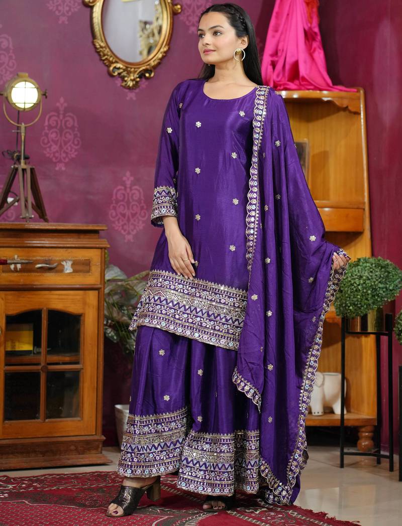 Purple festive wear designer chinon sequence embroidery work readymade suit