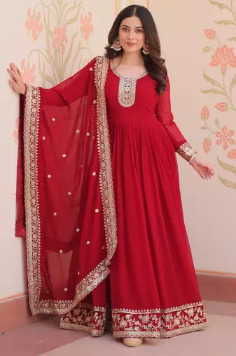 Maroon festive wear designer faux blooming georgette zari & sequins embroidered work readymade suit