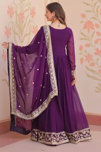 Purple festive wear designer faux blooming georgette zari & sequins embroidered work readymade suit