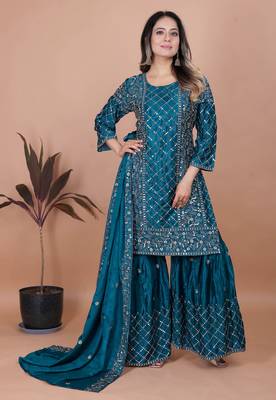 Teal festive wear designer chinon sequence embroidery work readymade suit 1