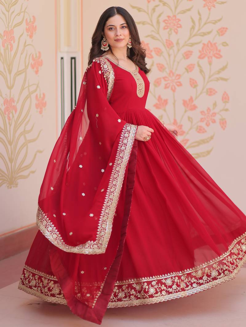 Maroon festive wear designer faux blooming georgette zari & sequins embroidered work readymade suit
