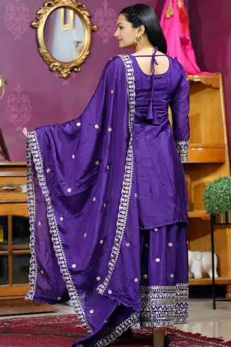 Purple festive wear designer chinon sequence embroidery work readymade suit