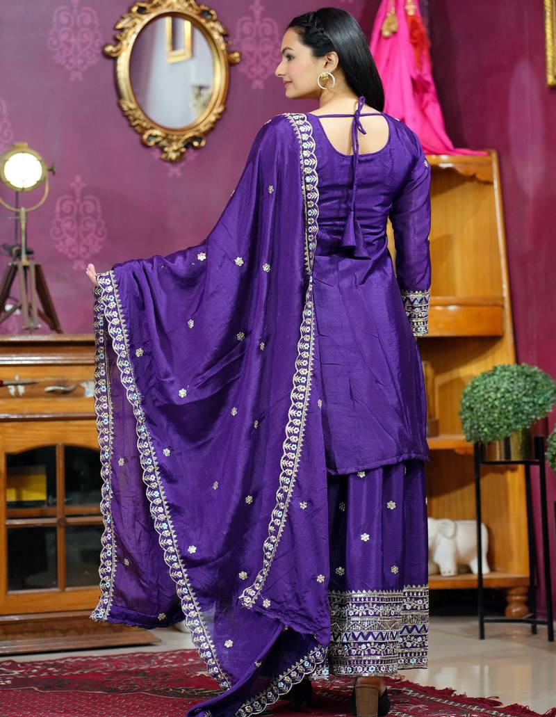 Purple festive wear designer chinon sequence embroidery work readymade suit
