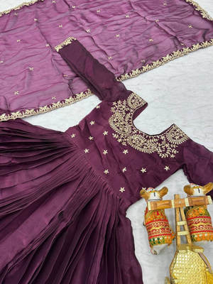 Wine festive wear designer pure burberry silk  heavy sequence embroidery work readymade suit 4