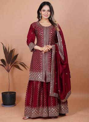 Maroon festive wear designer chinon sequence embroidery work readymade suit 1