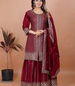 Maroon festive wear designer chinon sequence embroidery work readymade suit