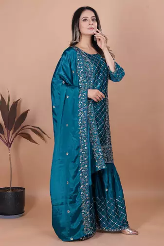 Teal festive wear designer chinon sequence embroidery work readymade suit