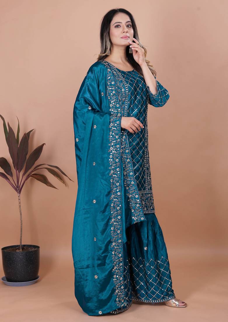 Teal festive wear designer chinon sequence embroidery work readymade suit