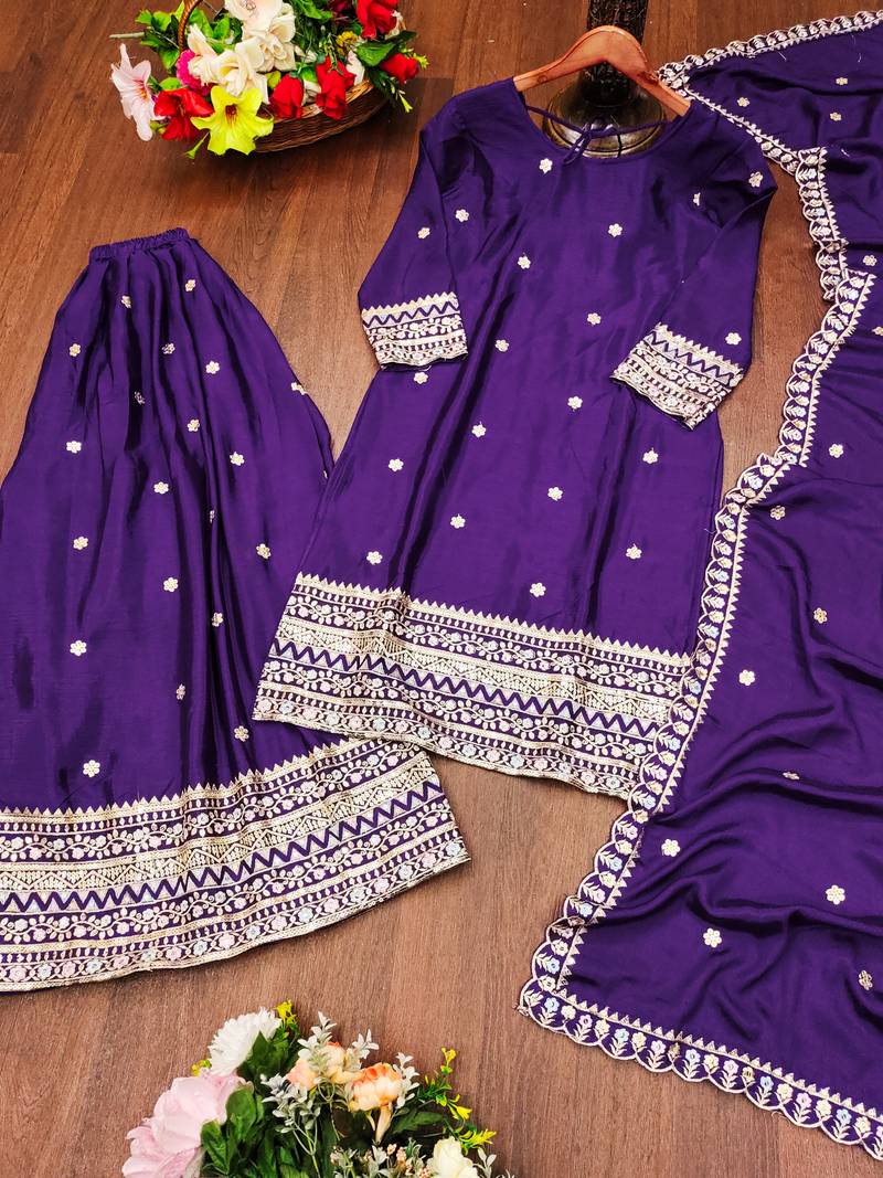 Purple festive wear designer chinon sequence embroidery work readymade suit