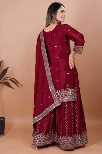 Maroon festive wear designer chinon sequence embroidery work readymade suit