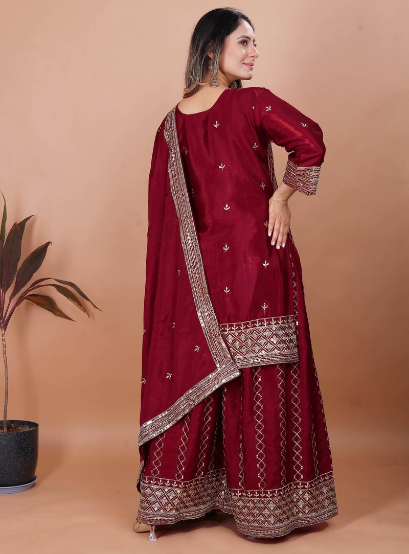 Maroon festive wear designer chinon sequence embroidery work readymade suit