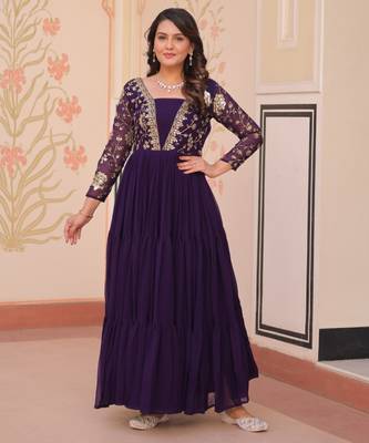 Wine festive wear designer faux blooming georgette sequins & zari embroidered work readymade suit 1