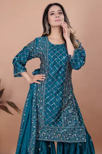 Teal festive wear designer chinon sequence embroidery work readymade suit