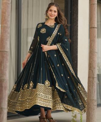 Dark navy blue festive wear designer faux blooming georgette zari & sequins embroidered work readymade suit 1