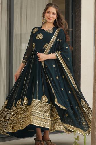 Dark navy blue festive wear designer faux blooming georgette zari & sequins embroidered work readymade suit