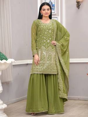Mehendi green festive wear designer fox georgette sequence embroidery work readymade suit 1