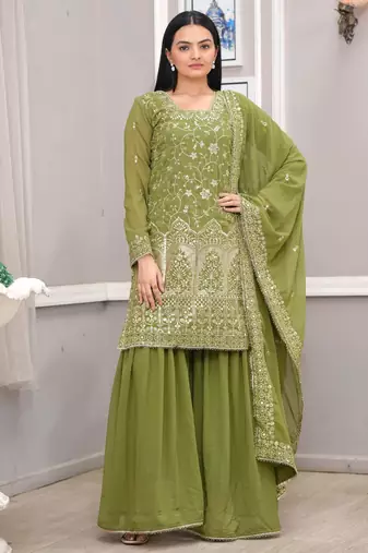 Mehendi green festive wear designer fox georgette sequence embroidery work readymade suit