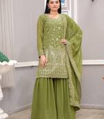 Mehendi green festive wear designer fox georgette sequence embroidery work readymade suit