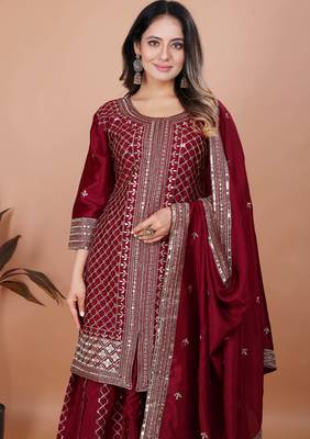 Maroon festive wear designer chinon sequence embroidery work readymade suit 3