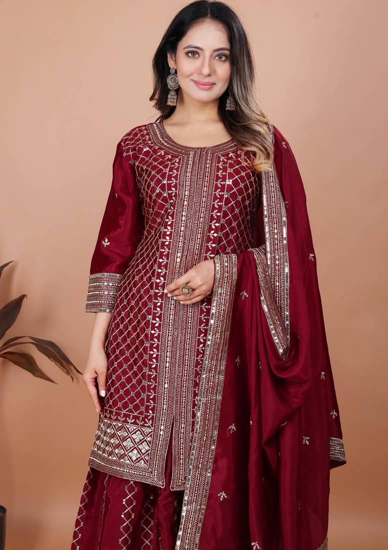 Maroon festive wear designer chinon sequence embroidery work readymade suit