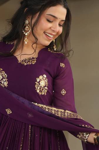 Wine festive wear designer faux blooming georgette zari & sequins embroidered work readymade suit