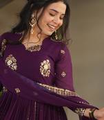 Wine festive wear designer faux blooming georgette zari & sequins embroidered work readymade suit