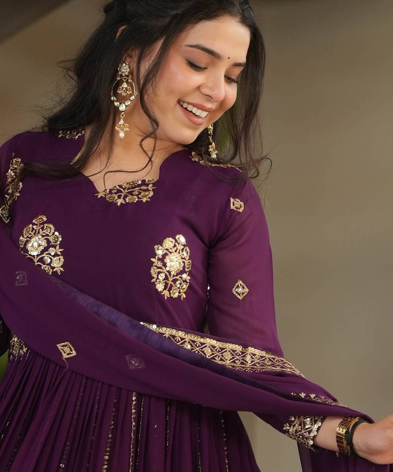 Wine festive wear designer faux blooming georgette zari & sequins embroidered work readymade suit