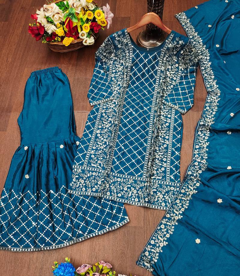 Teal festive wear designer chinon sequence embroidery work readymade suit