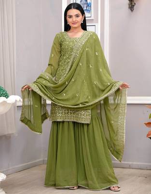 Mehendi green festive wear designer fox georgette sequence embroidery work readymade suit 2