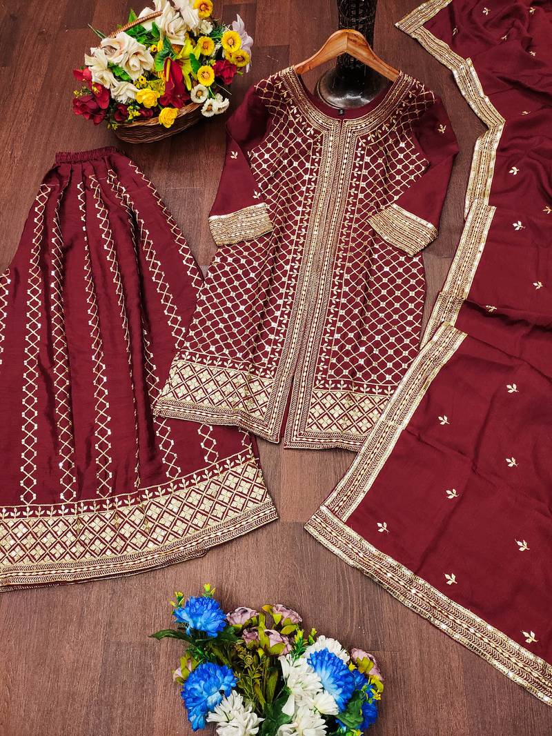 Maroon festive wear designer chinon sequence embroidery work readymade suit