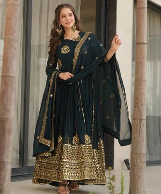 Dark navy blue festive wear designer faux blooming georgette zari & sequins embroidered work readymade suit 2
