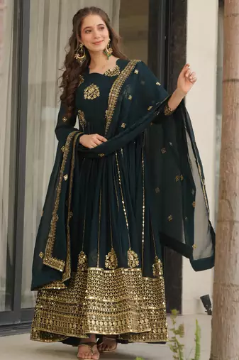 Dark navy blue festive wear designer faux blooming georgette zari & sequins embroidered work readymade suit