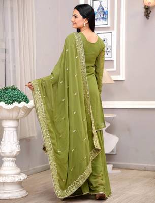 Mehendi green festive wear designer fox georgette sequence embroidery work readymade suit 3