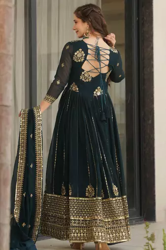 Dark navy blue festive wear designer faux blooming georgette zari & sequins embroidered work readymade suit