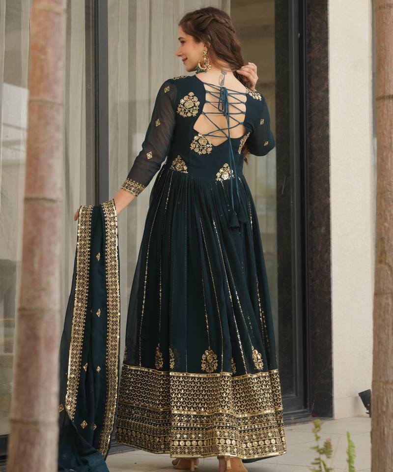 Dark navy blue festive wear designer faux blooming georgette zari & sequins embroidered work readymade suit