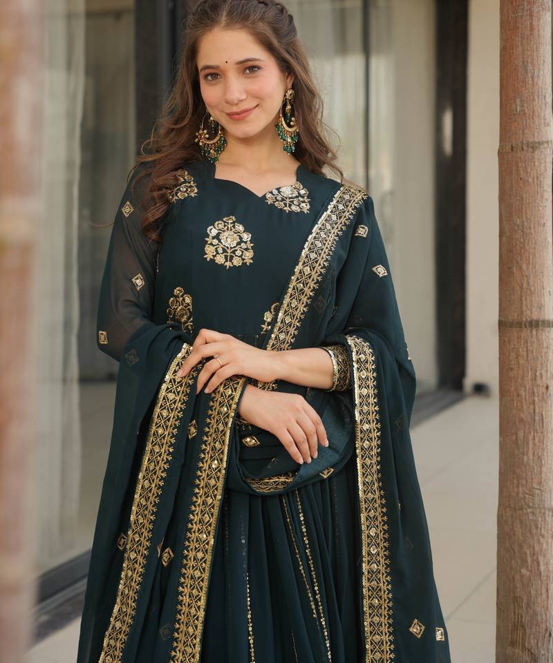 Dark navy blue festive wear designer faux blooming georgette zari & sequins embroidered work readymade suit