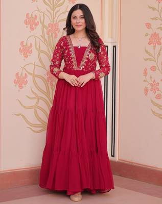 Pink festive wear designer faux blooming georgette sequins & zari embroidered work readymade suit 1