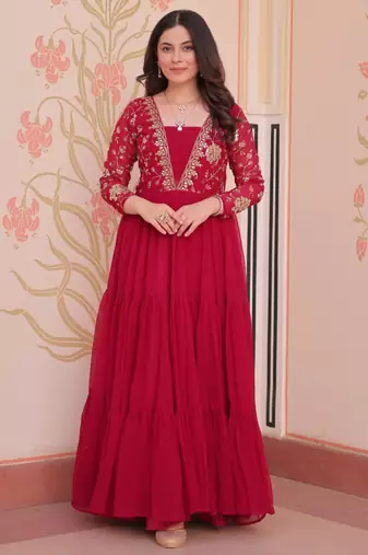 Pink festive wear designer faux blooming georgette sequins & zari embroidered work readymade suit