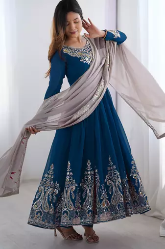 Blue festive wear designer heavy georgette multi thread heavy 5mm embroidery sequence work readymade suit