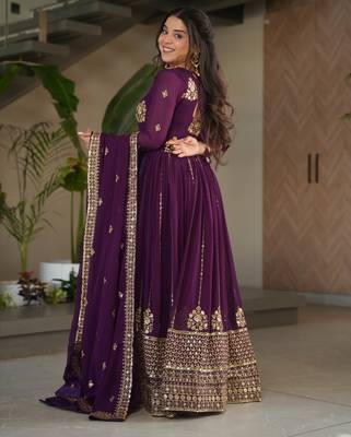 Wine festive wear designer faux blooming georgette zari & sequins embroidered work readymade suit 4