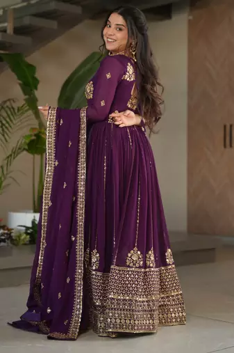 Wine festive wear designer faux blooming georgette zari & sequins embroidered work readymade suit